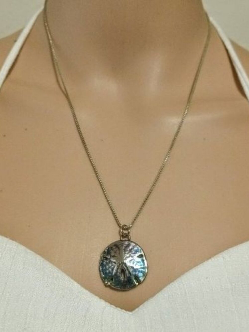 925 Sterling Silver Sand Dollar Pendant Necklace Iridescent Beach Coastal Boho